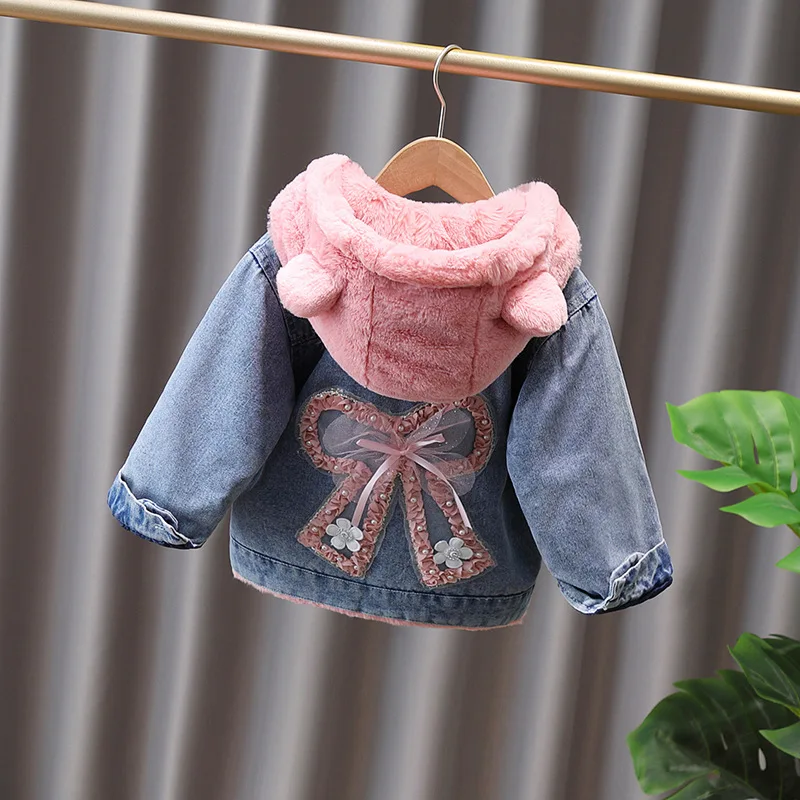 Baby Mädchen Jeans-Fleece-Kapuzenjacke 2026 Herbst Winter Kinder Niedliche Hasen-Applikation Dicker Warmer Mantel Kinderbekleidung Oberbekleidung – Detail 9