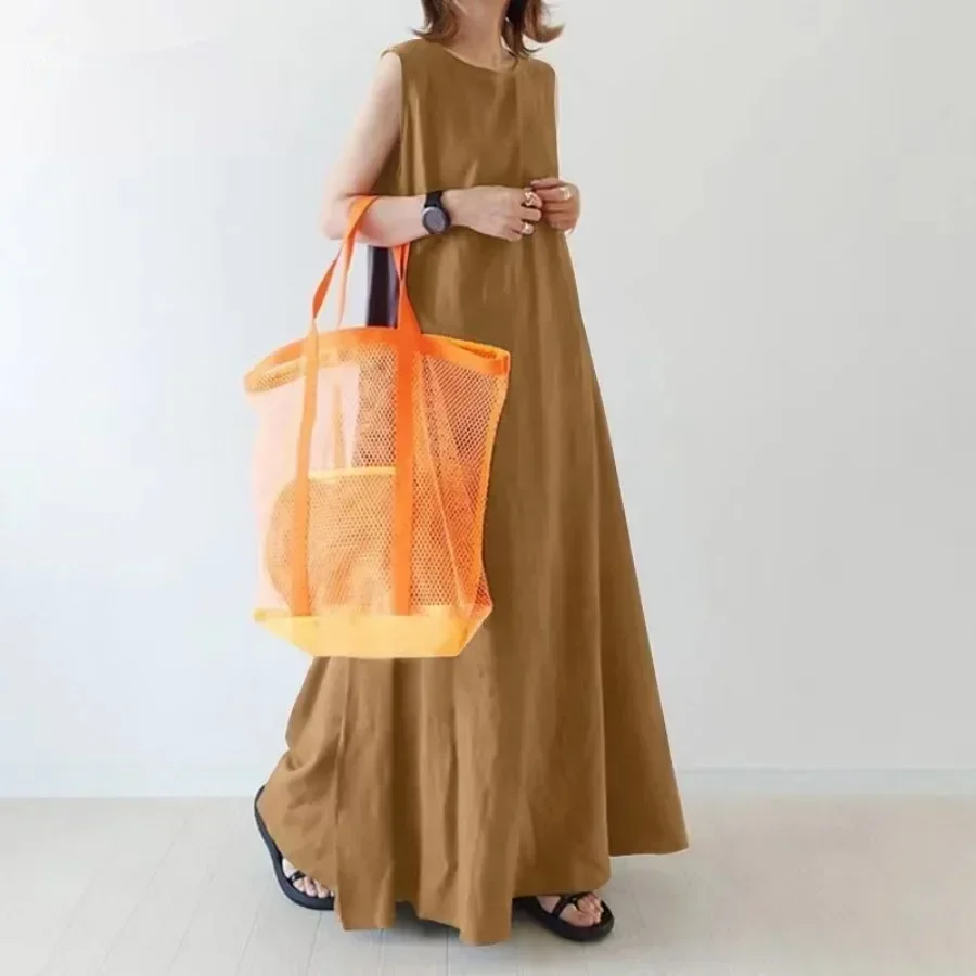 New 2024 Women's Summer Loose Long Maxi Dresses O-neck Solid Korean Style Pleated Dress Streetwear Women Elegant Robe Clothing