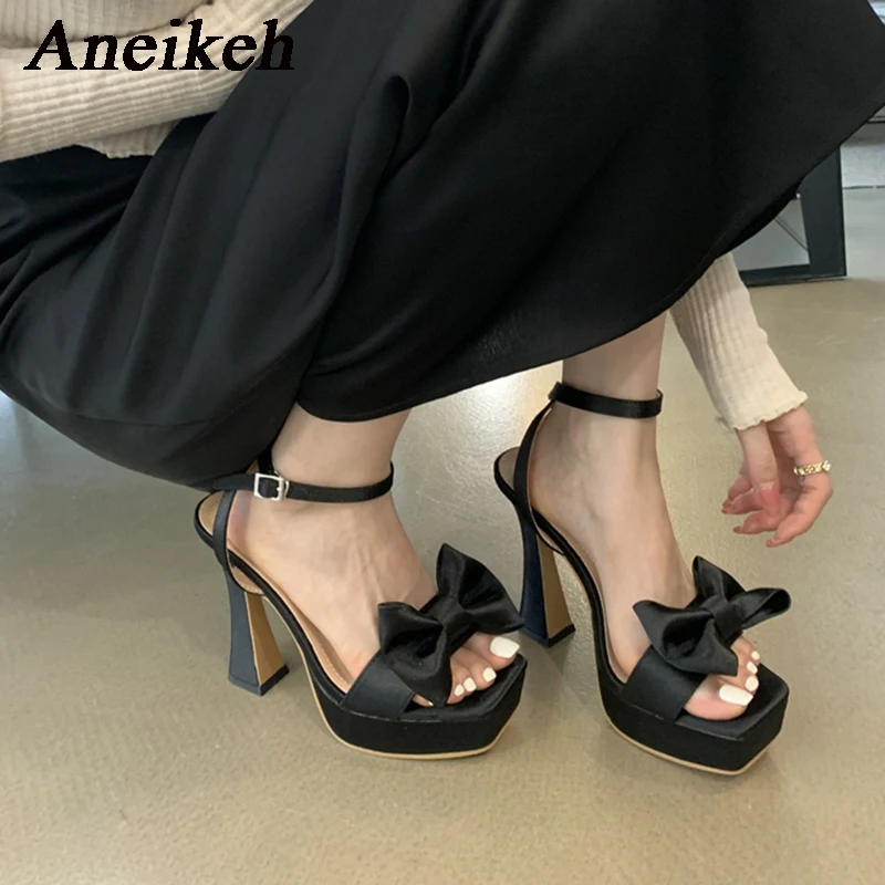 Aneikeh 2024 Silk Butterfly Buckle Lace Up Women\'s Sandals Fashion Sexy Square Toe High Heels Party Wedding 35-40