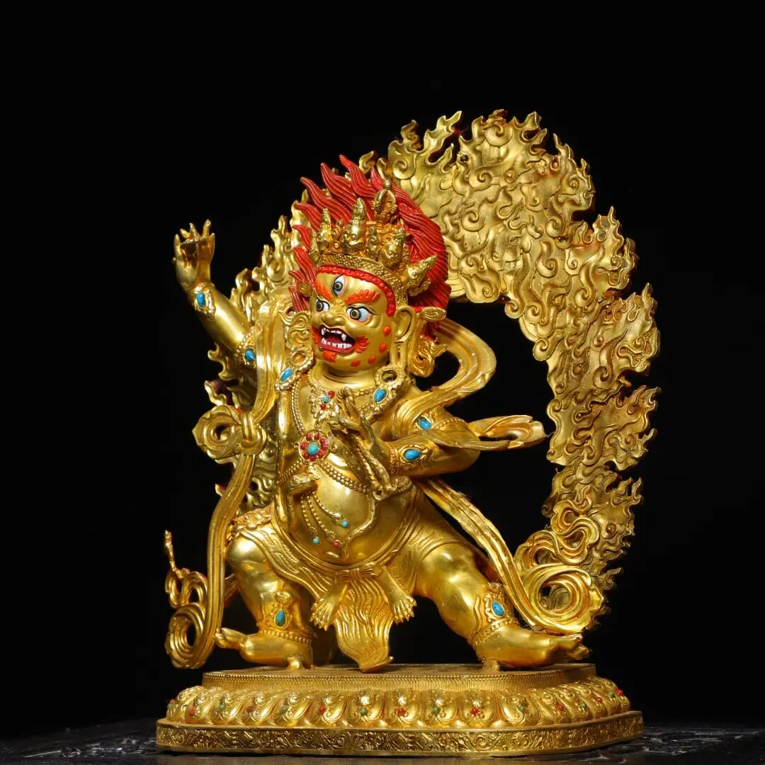 Tibetan Buddhist Mahakala Wealth God Vajrapani Statue Solid Brass Gold Plated Painted Altar Table Decor
