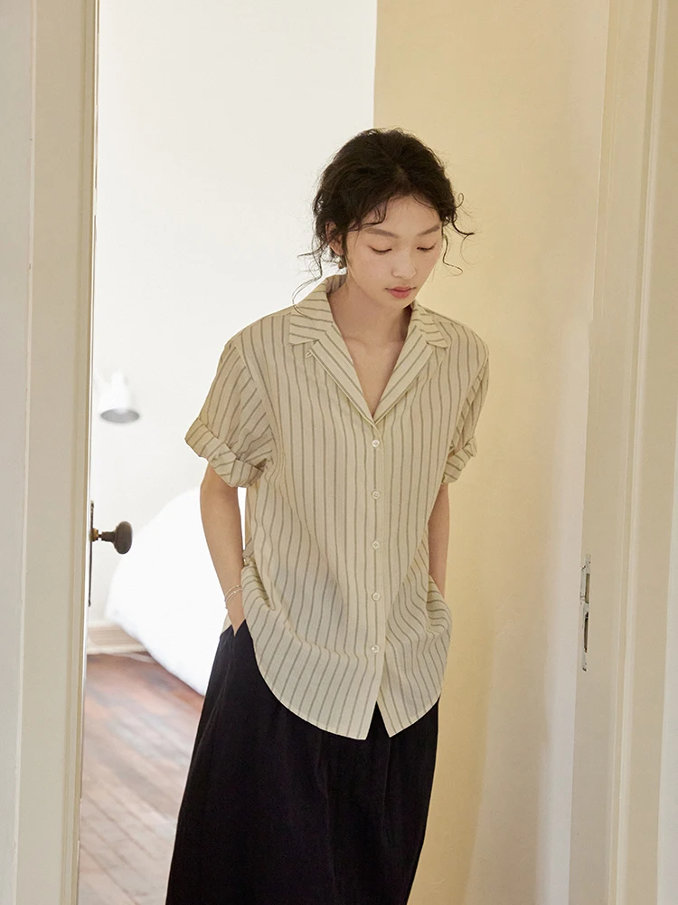 

Nomumad Retro Cuban Collar Stripe Linen Short Sleeve Shirt Women's Summer Top Breathable Comfortable Straight Cut Cotton Shirt
