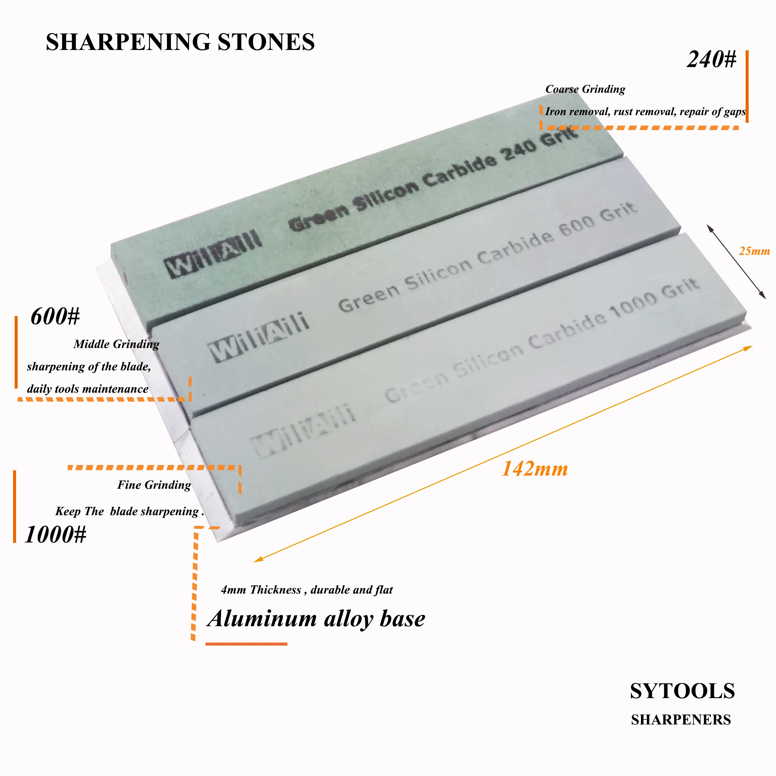 Sytools Green Silicon Caibide Knife sharpening stones set 240# 600# 1000# Aluminum alloy Blanks Whetstone Grinding stone