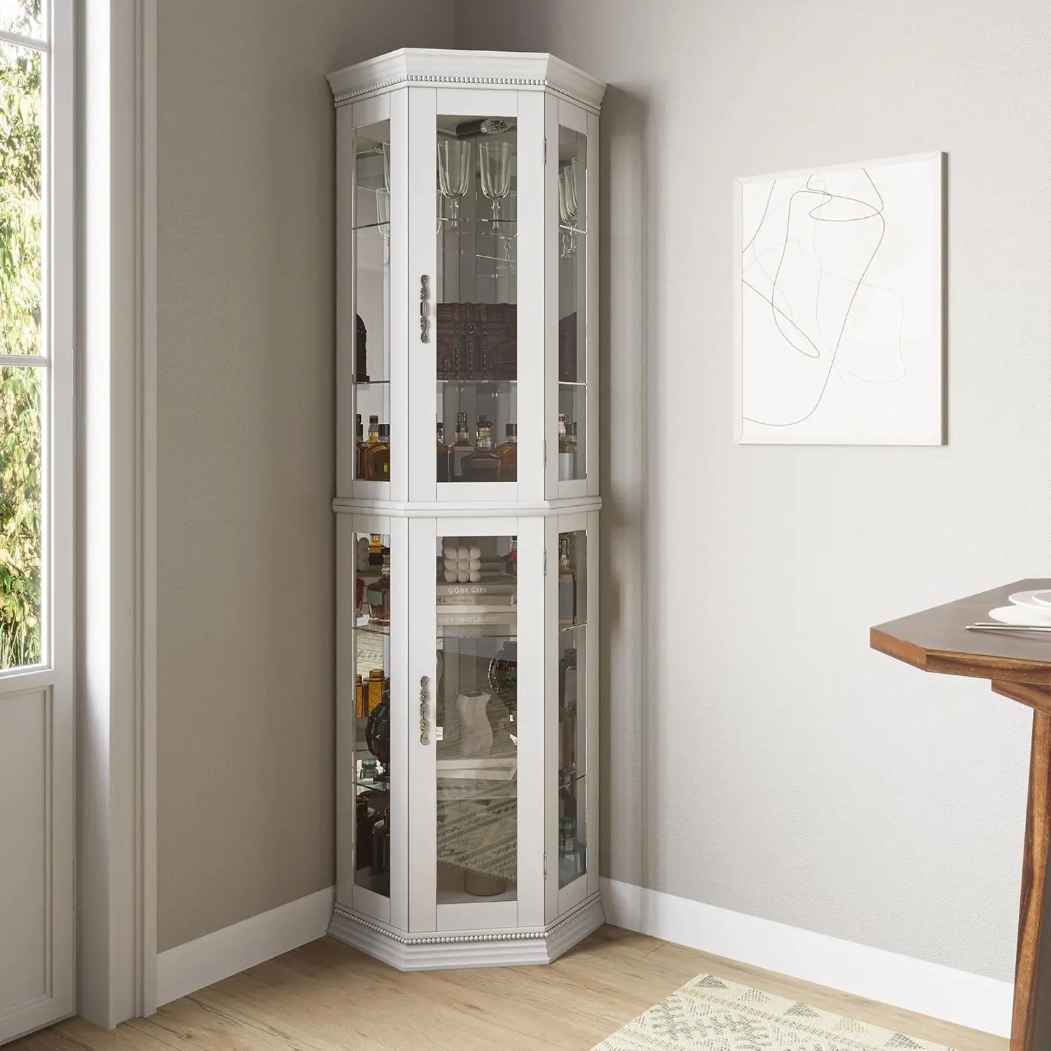 

Lighted 3-Side Glass Display Curio Cabinet w/Tempered Glass Doors & Shelves, Accent Wooden Corner Cabinet with Bulb