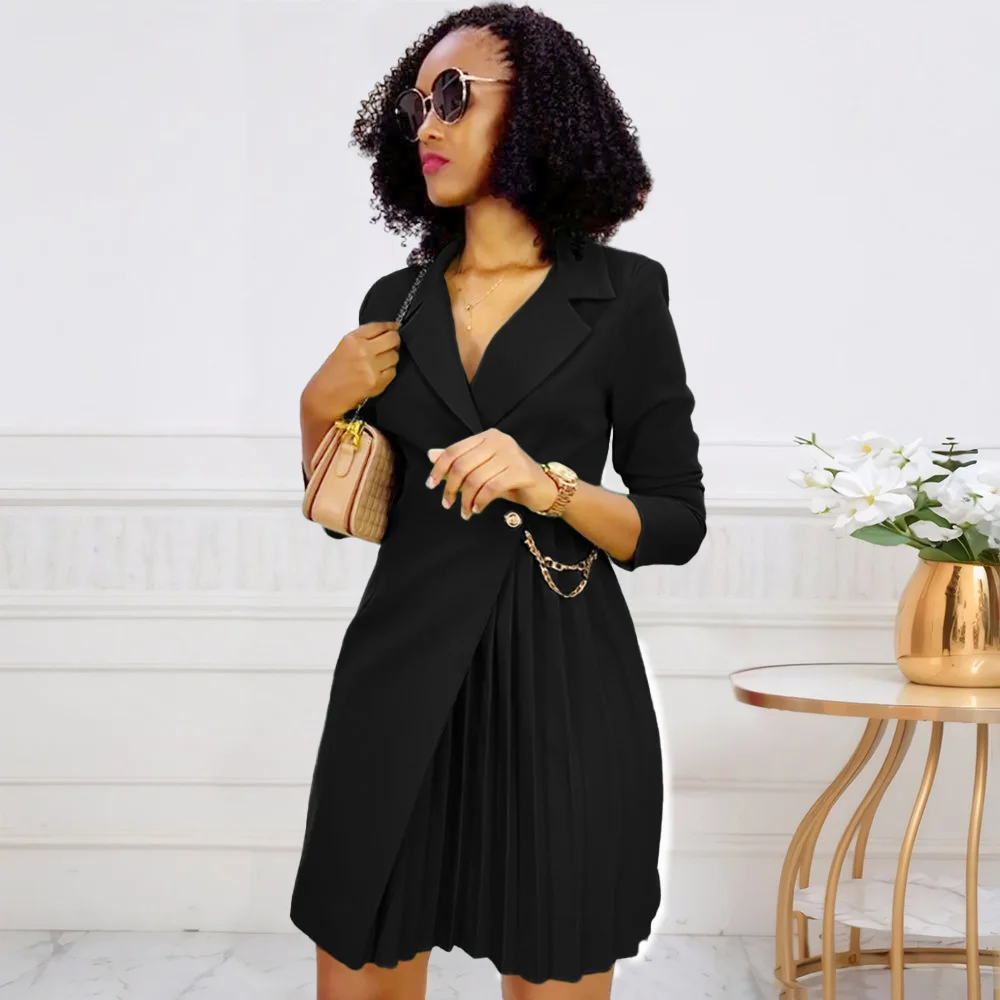 Prowow Slim Fit Women's Dress Long Sleeve Notched Neck Office Lady Outfits Sexy Chain Solid Color New Arrivals Female Clothing