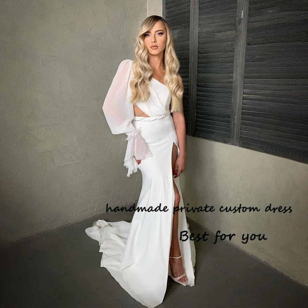 

White One Shoulder Mermaid Wedding Dresses Cutout Mono Satin Long Beach Bridal Dress with Train Boho Wedding Gown