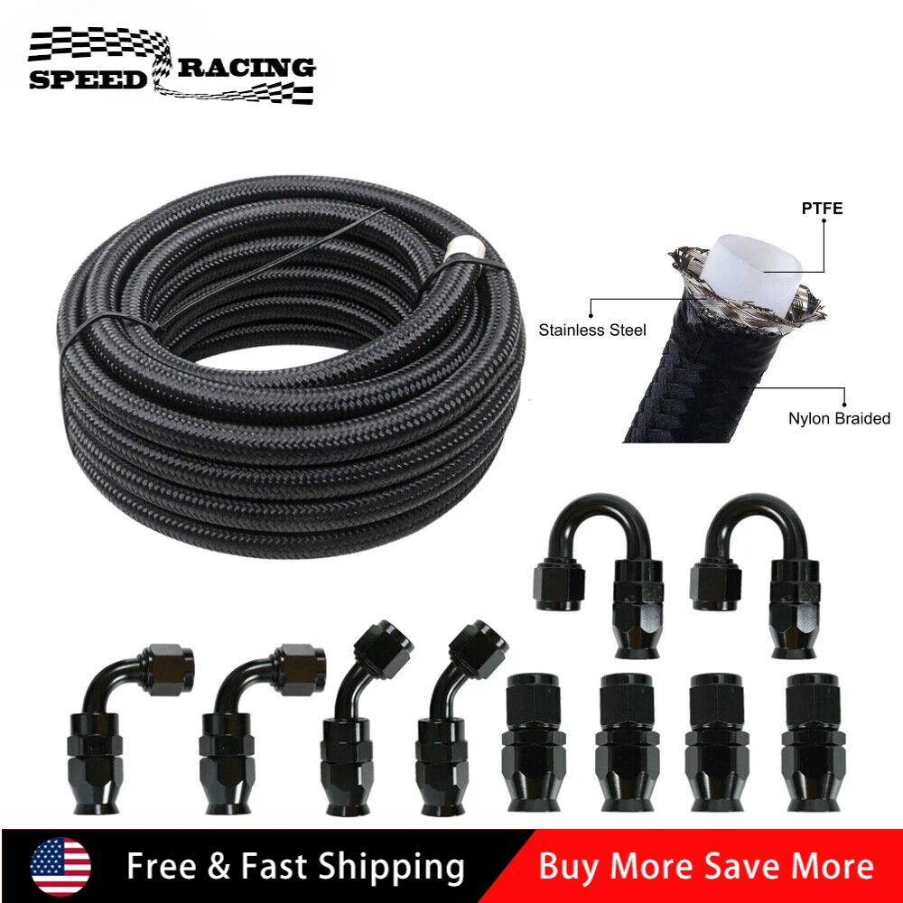 Línea de combustible AN6 Nylon PTFE 30 pies con kit de manguera de accesorios de 10 piezas E85 negro
