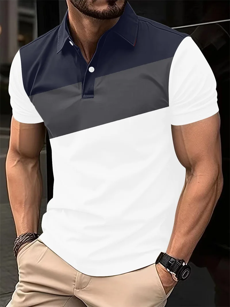 Men's Plus-size Polo Shirt Fashion Patchwork Color Men's Lapel Button Top Business Casual Men's Short-sleeved Polo T-shirt