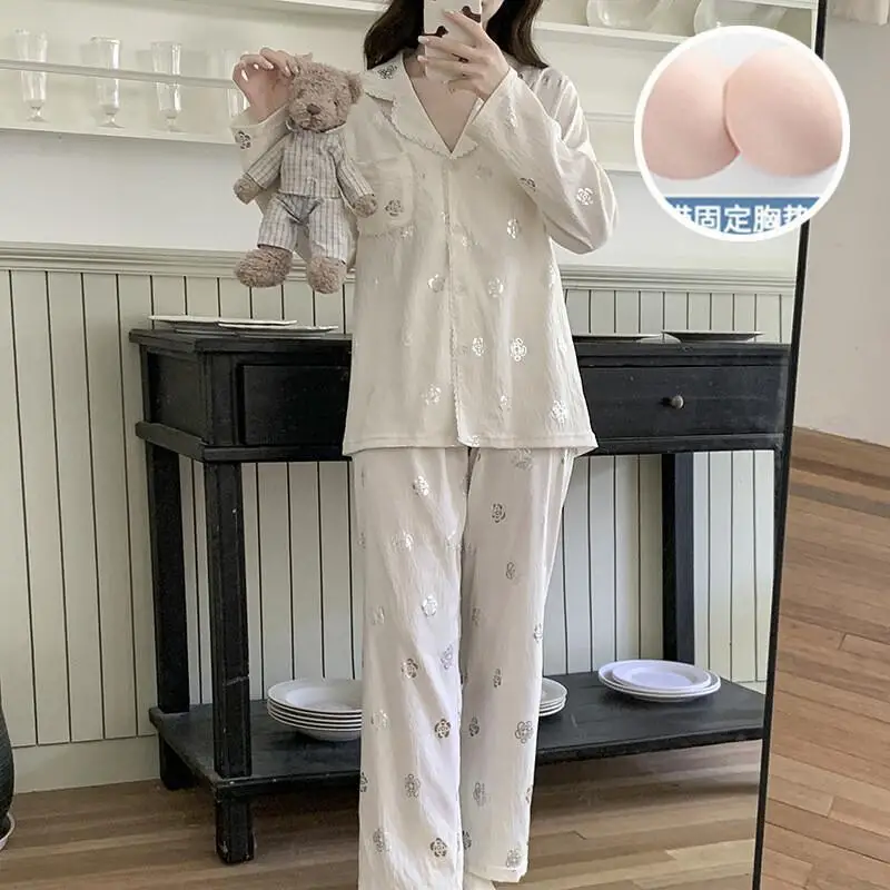 

Kawaii модный пижамный комплект для девочек, домашняя одежда из 2 предметов, студенческая повседневная женская одежда с героями мультфильмов, удобный женский пижамный комплект с воротником, новый