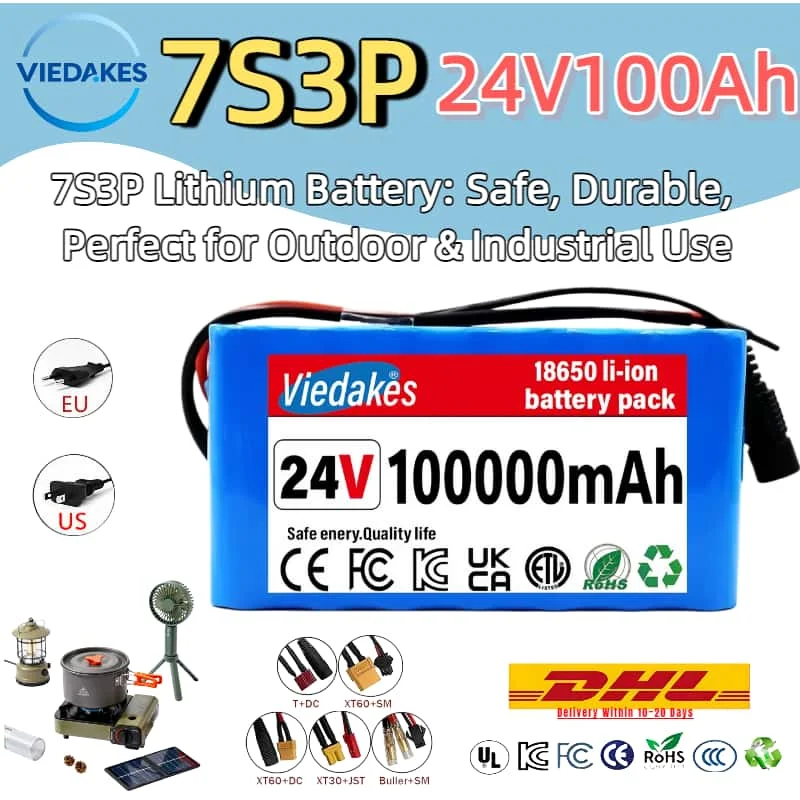 

Long-lasting 7S3P 24V 10Ah forOutdoor Camping RV Trip Li-ion Battery + 2A Charger，18650 29.4V 100000mAh Li-ion Battery Pack