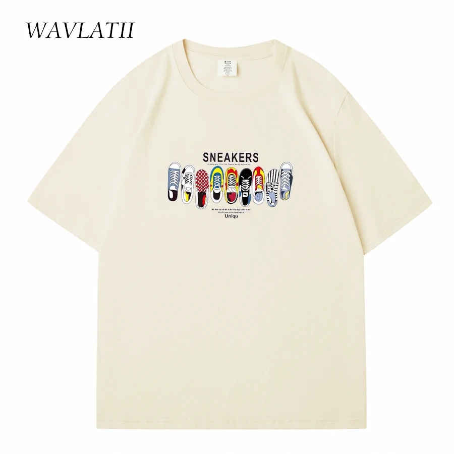 WAVLATII 2023 New Streetwear T shirts Female Beige Soft Cotton Fabric Printed Tees Casual Summer Tops for Young People WT2311