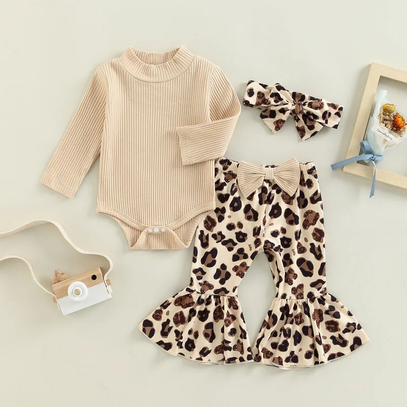 Newborn Baby Girls Clothes Pants Set Fall Winter Clothes Long Sleeve Bodysuit Leopard Bow Flare Pants Headband 0 to 18 Months