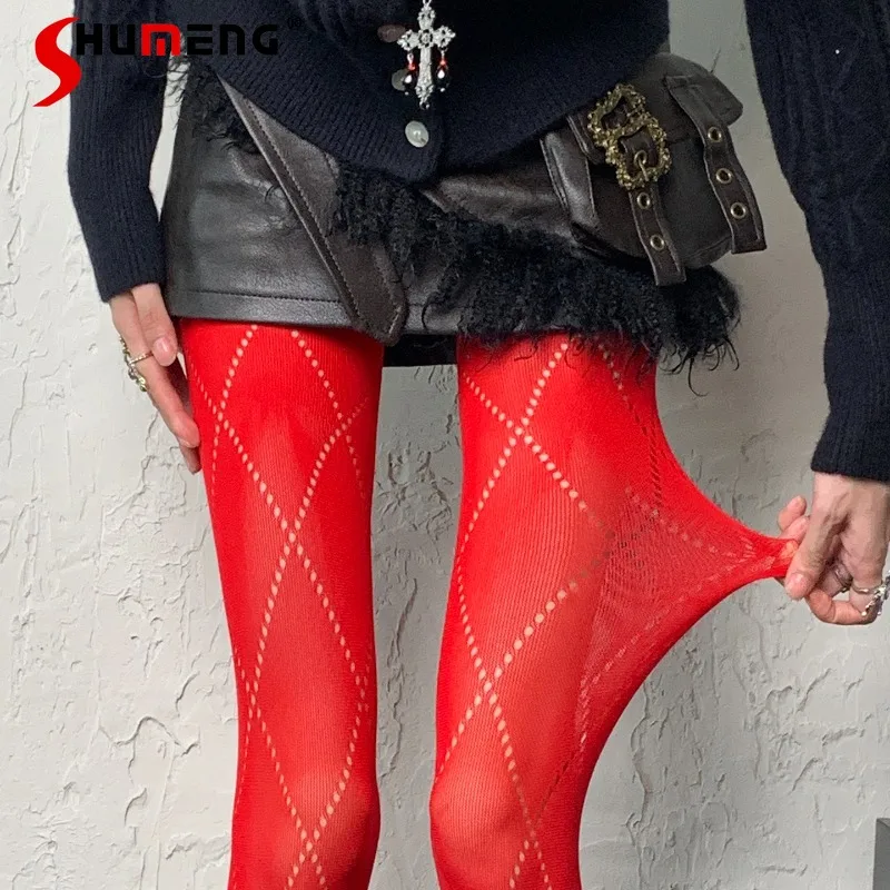 

Women's Socks Regular Red Aesthetic Grid Leggings Japanese Style Subculture Millennium Pantyhose Y2k Sexy Hosiery For Ladies