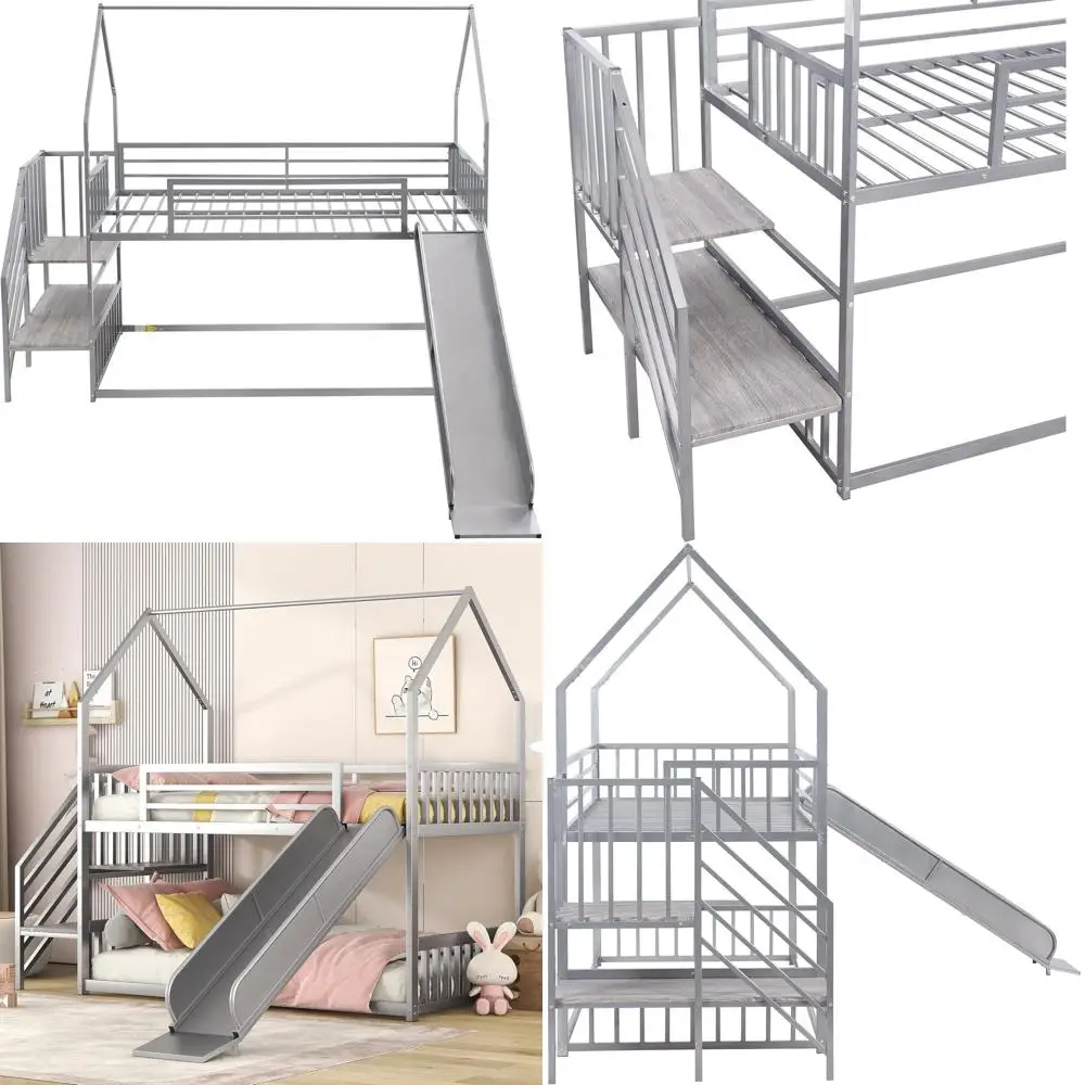 

Twin Over Twin Bunk Bed with Slide and Stairs, Low Loft Bed, Modern Heavy-Duty Steel (Silver)