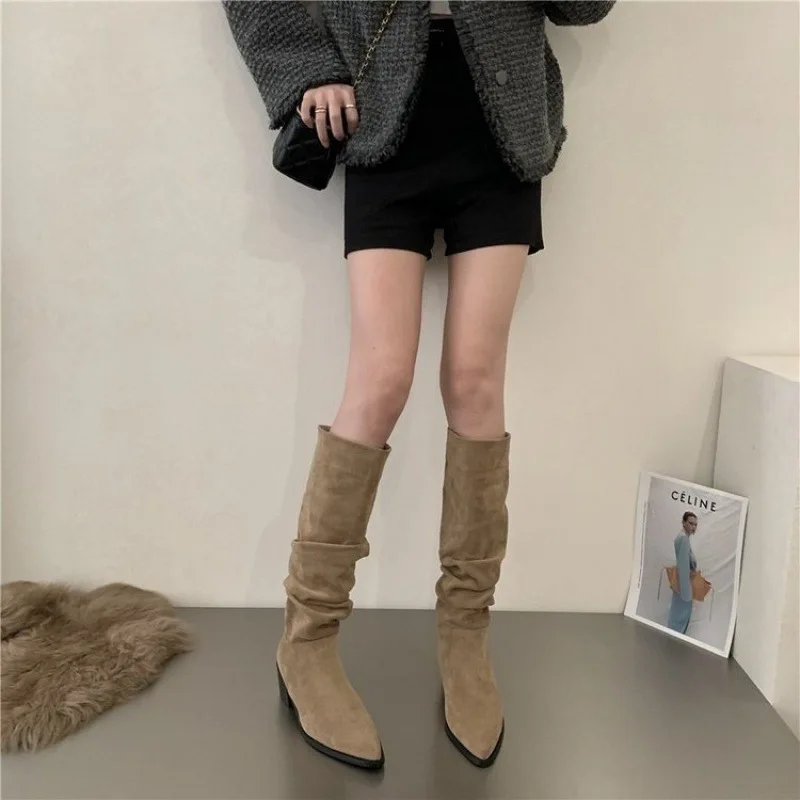 Pointed Toe Woman Boots Quality Lady Knee- High Boots Flock Pleated Stretch for Women Not Slip Casual Boots Zapatillas De Mujer