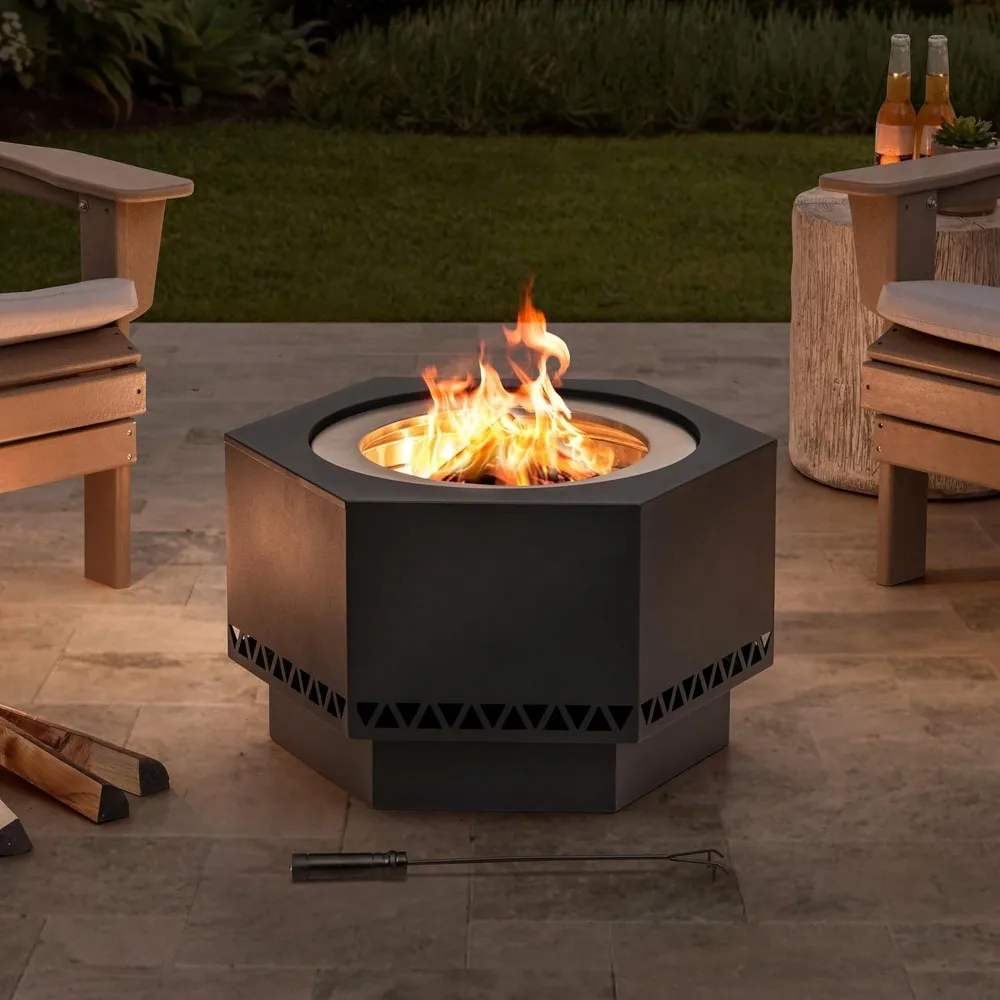 Fire Pit Smokeless 28 in. Hexagonal Outdoor Fire Pit, Patio Wood Burning Smokeless Firepit w/PVC Cover and Fire Poker