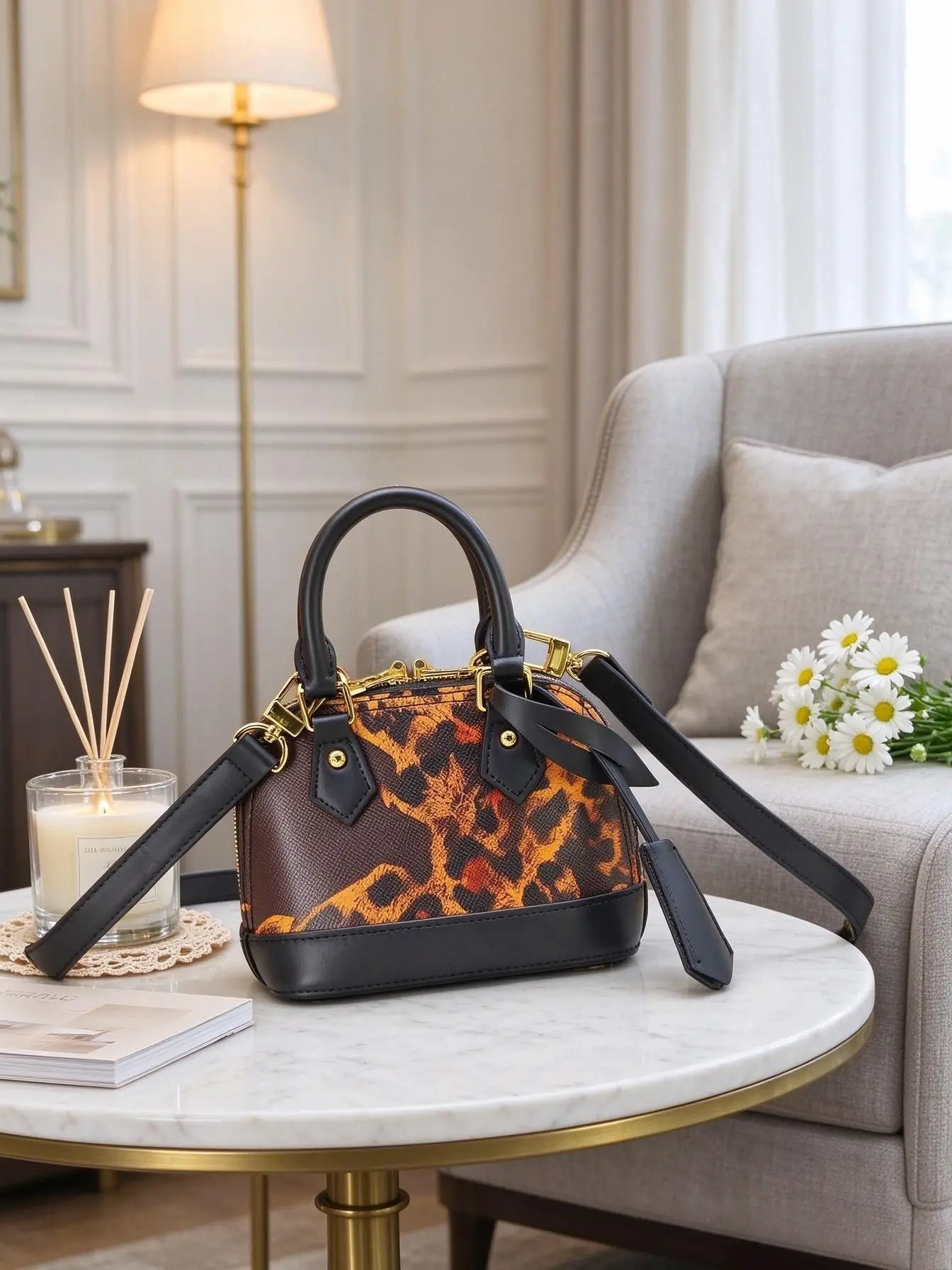 Unisex Mini Leopard Print Dome Handbag Faux Leather Splicing Top Handle Bag Detachable Adjustable Shoulder Strap Crossbody Purse