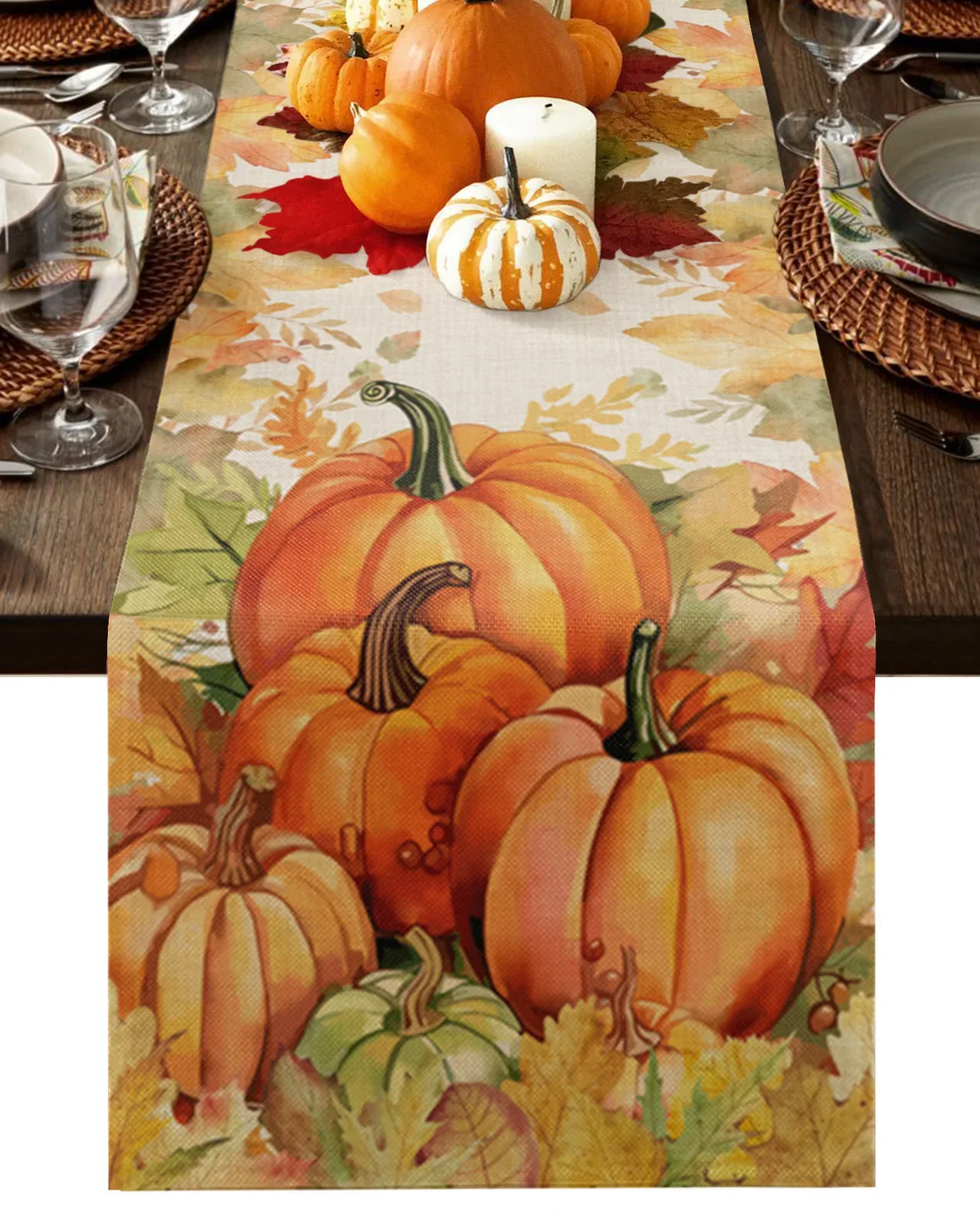 Fall Harvest Pumpkin Maple Leaf Linen Table Runner Party Decor Reusable Kitchen Dining Table Runner Thanksgiving Decorations