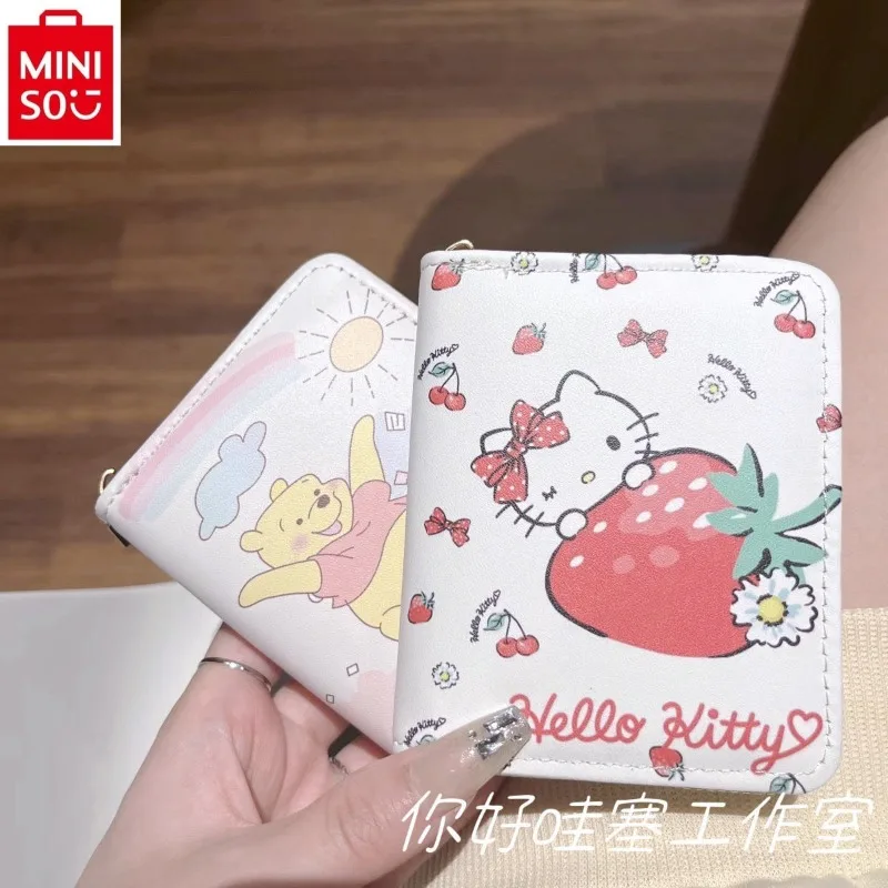 

MINISO Women's Fashion Cartoon Winnie Bear Hello Kitty Folding Multi functional Storage Zero Wallet Student PU Card Bag