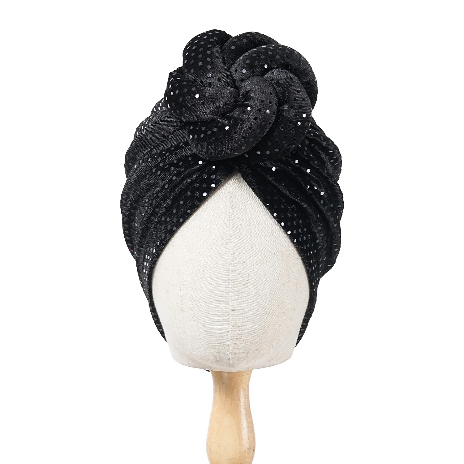 Mütze für Damen, Turban, gefalteter Bud-Exquisite-Kopftuch, lässig, bequem, modisch, vielseitig, warm, Kreuzmütze, Rand, Falten, Spitze – Detail 3