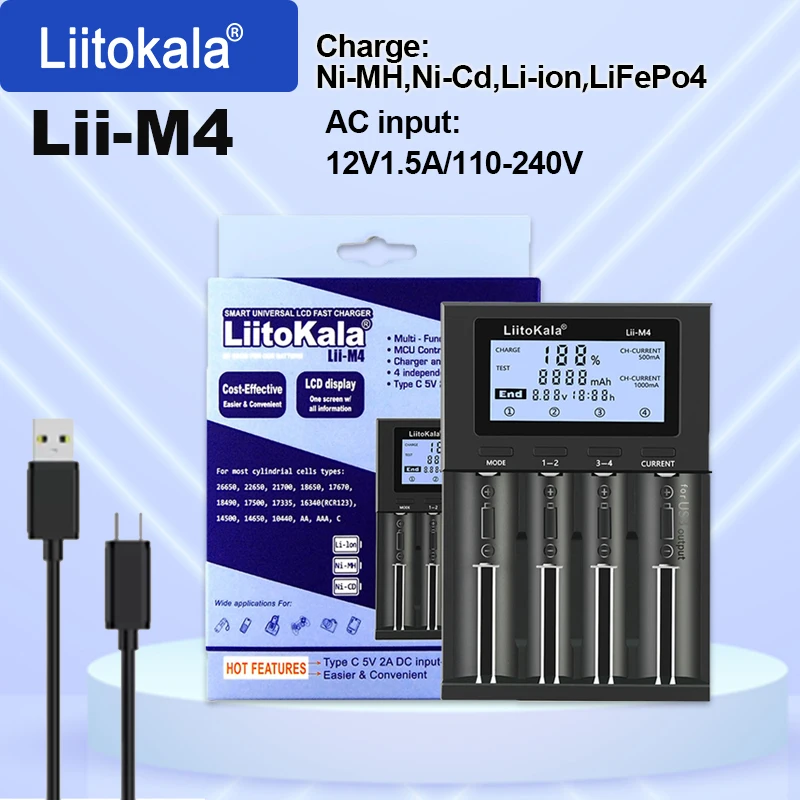 

LiitoKala Lii-M4 5 В 2 А ЕС AU UK US Spina Caricabatteria Per 3,7 В 18650 26650 21700 14500 18350 17500 1,2 В AA AAA AC