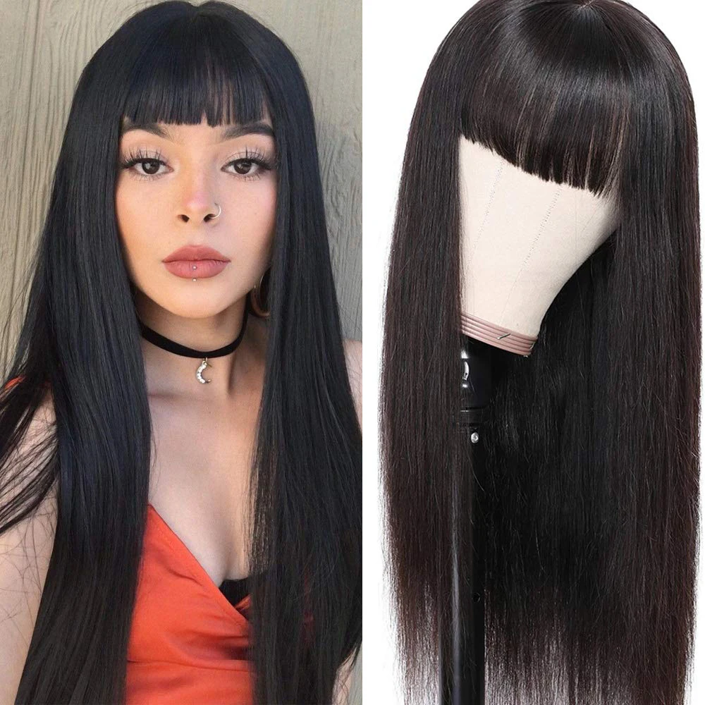 Ladies Straight Human Hair Wigs with Bangs 18 20 22 Inches Machine Remy Straight Bob Wig with Bangs for Women 150 Density