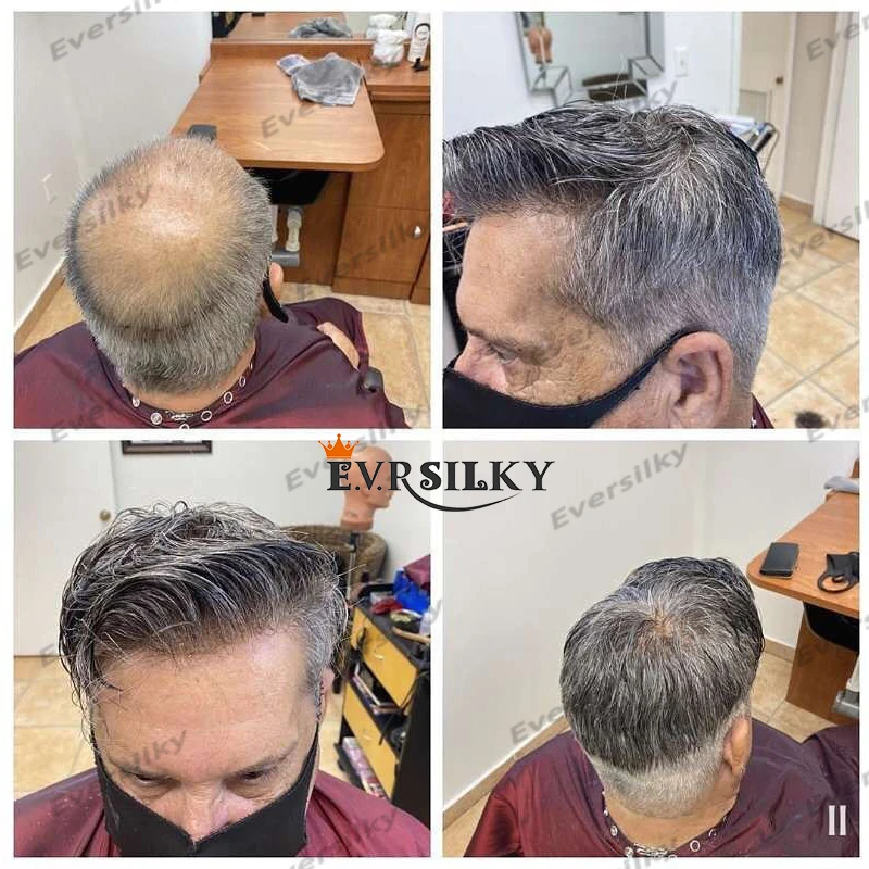 Peluca de hombre Microskin con línea de cabello natural # 1B80 Peluquín de cabello humano ondulado gris para hombres, piel completa, 0,02 mm, cabello masculino ultrafino súper invisible