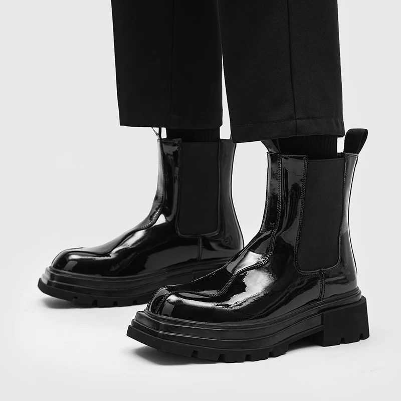 

men's fashion chelsea boots black trendy patent leather shoes party nightclub square toe platform boot high motorcycle botas man