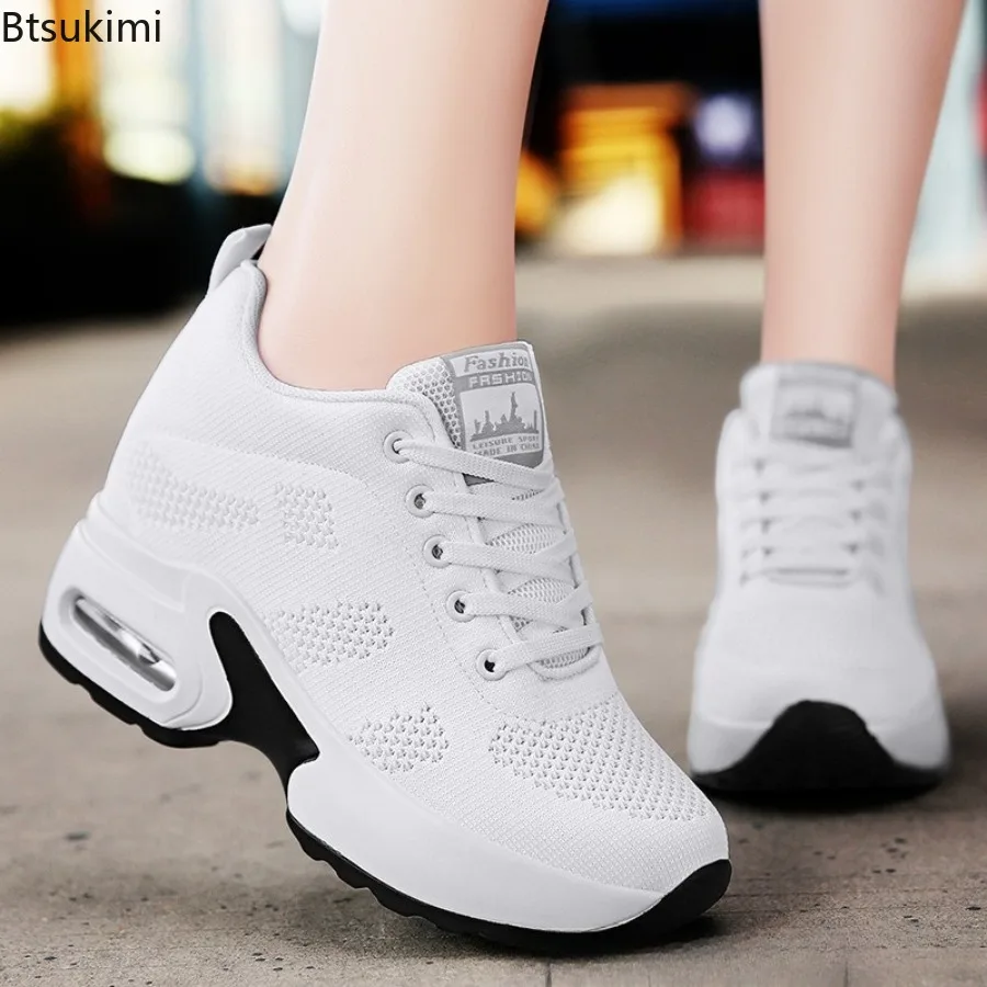 2026 Soft Bottom Breathable Mesh Upper Women's Sport Thick Heel Casual Shoes Comfortable Inner Heightening Design Sizes 34-40