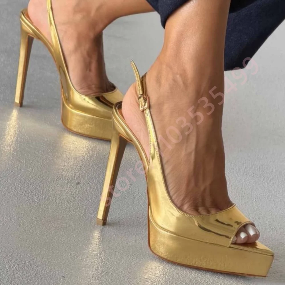 2026 Summer Metallic Peep Toe Platform Slingback Pumps Women Adjustable Ankle Strap Thin Stiletto High Heel Party Dress Shoes