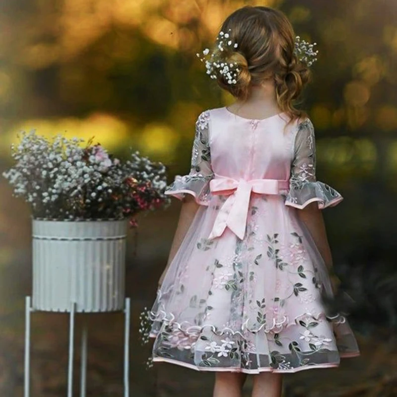 Girl Flower Embroidery Elegant Dress Kids Half Sleeve Birthday Party Clothes Child Formal Christmas Costume Pink Gray Vestido