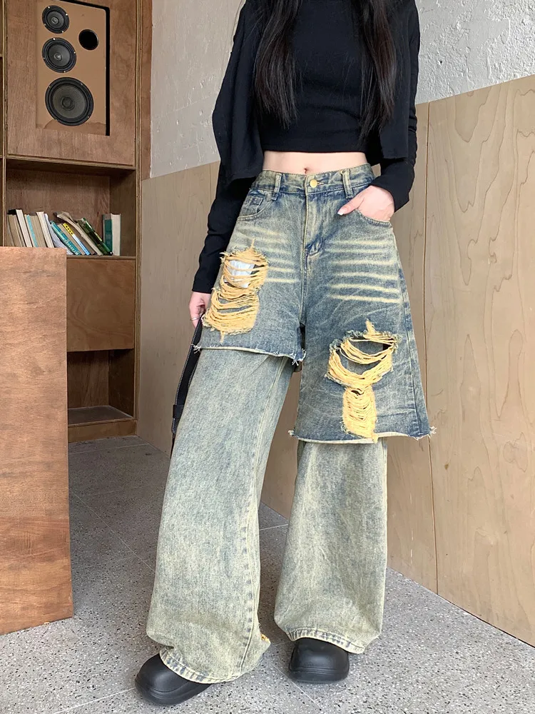 Trashy Y2K 2000S Streetwear Washed Blue Baggy Ripped Stacked Jeans Pants For Women 90S Vintage Clothes Old Lady Denim Trousers