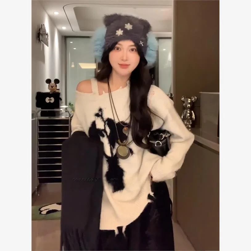 

Loose Women's Knitted Sweater Autumn Winter Cr Color Lazy Sle Aosphere Feeling Y2K Trend round Ne Other Material 00%