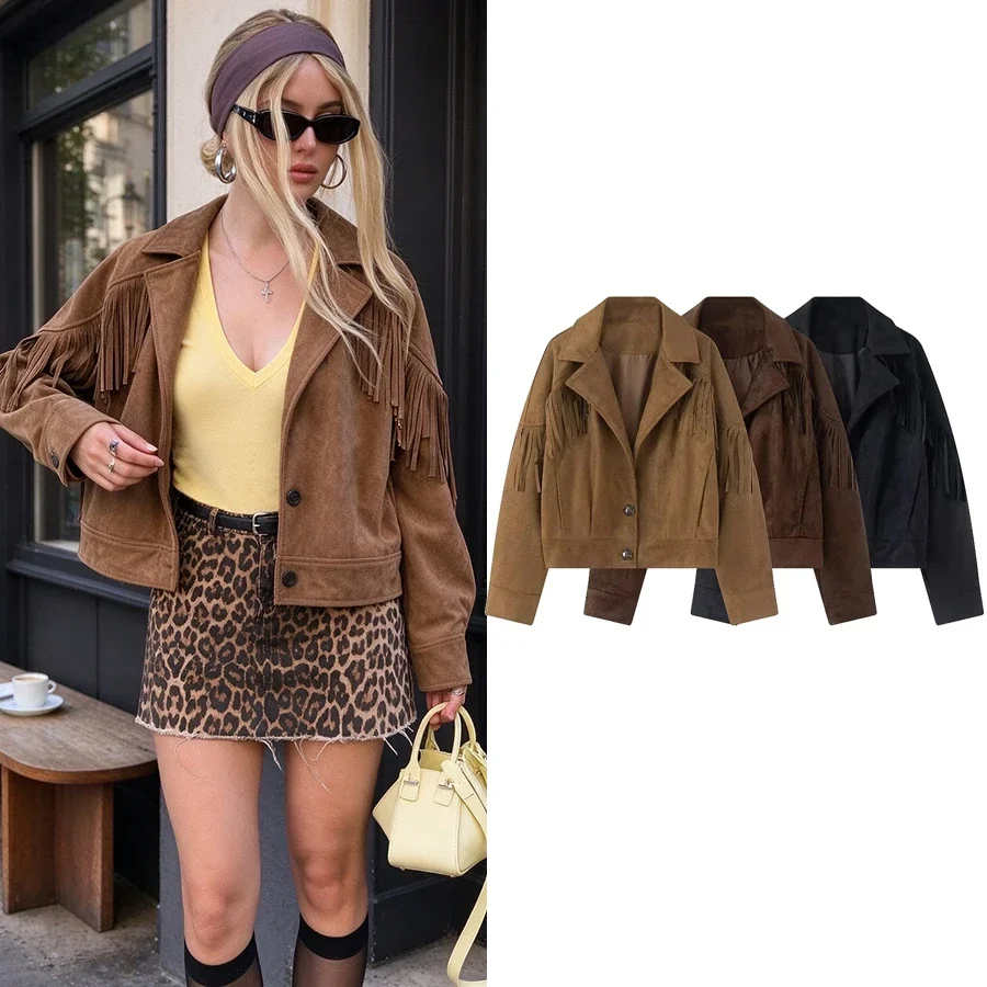 Vintage Fringe Women Suede Jacket Women's Brown Lapel Notched Collar Single Breasted Short Coat Retro Casual Fall Lady Coat