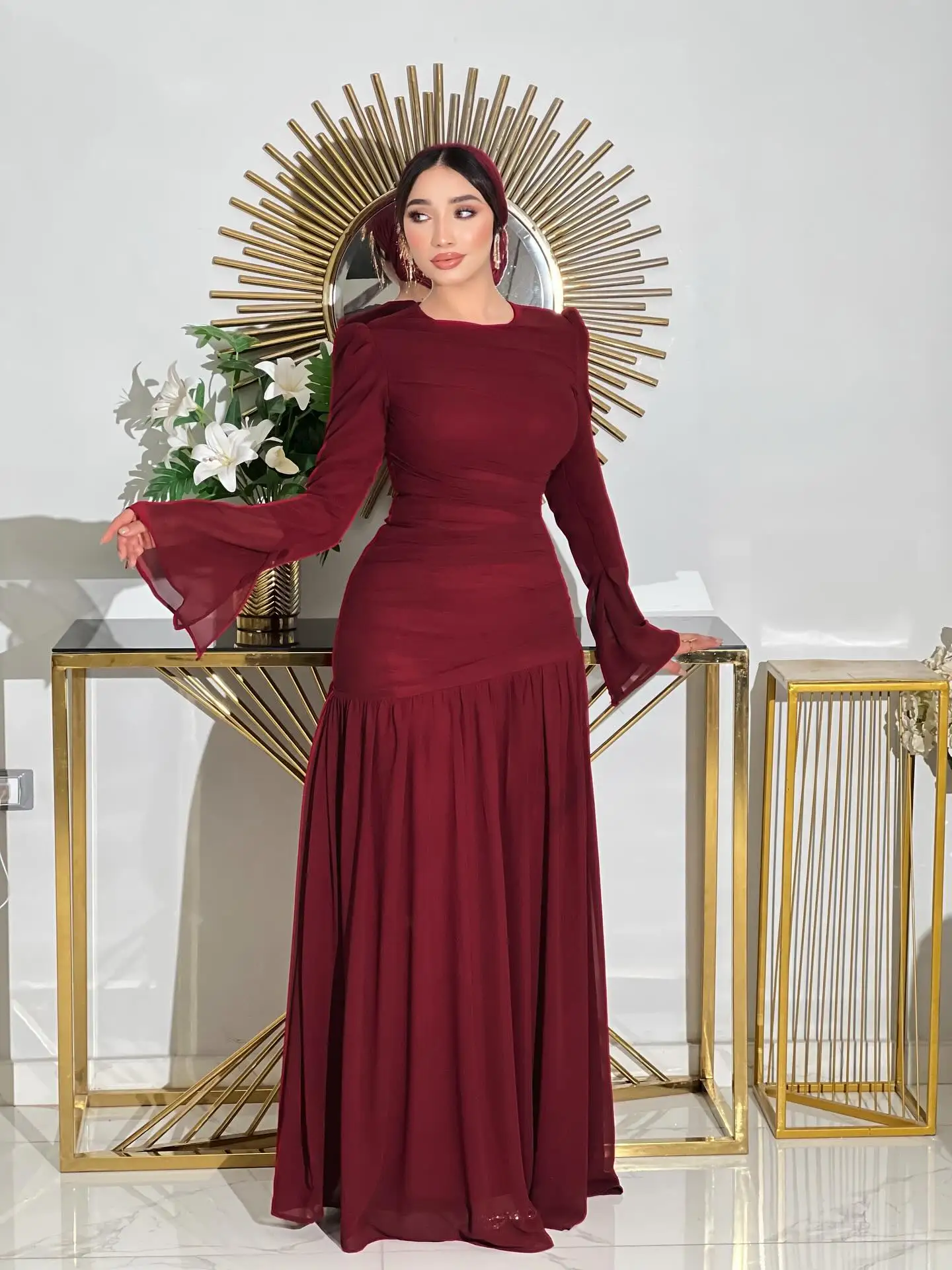 Vestido de fiesta elegante con cuello redondo para mujer, medalla personalizada, gasa plisada, largo hasta el suelo, vestido de noche para fiesta, vestidos para ocasiones especiales