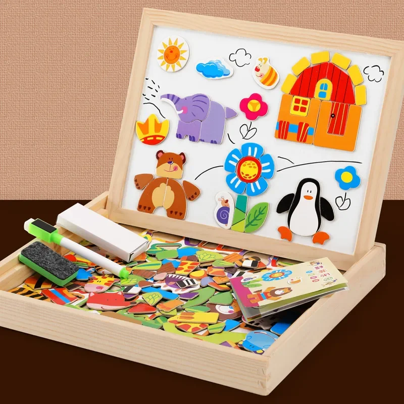 Learning Educational Puzzle Toy Wooden Multifunction Magnetic Drawing Board Kid 3D Writing Board Children Jigsaw Blackboard Gift