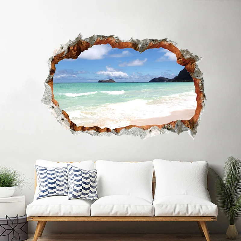 The new broken landscape wall pasted ocean beach decorative painting home background wall self-adhesive paper