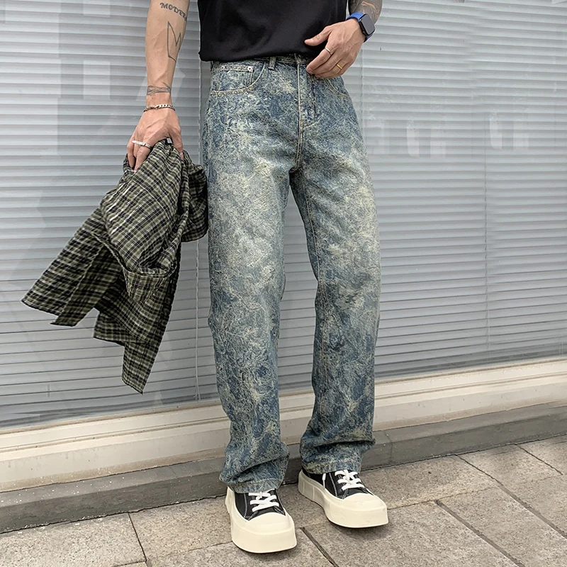 100% Cotton Men's Washed & Distressed Printed Streetwear Denim Jeans Loose Fit Straight Pants Hip Hop Edgy Stylish Plus Size 40