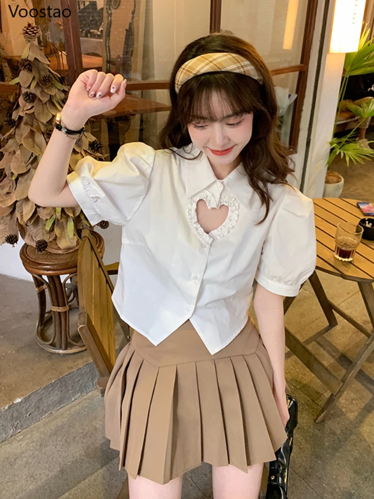 Sweet Lolita Style Blouses White Hollow Out Ruffles Heart Crop Tops Women Kawaii Puff Sleeve Korean Casual Shirts Y2k Clothes