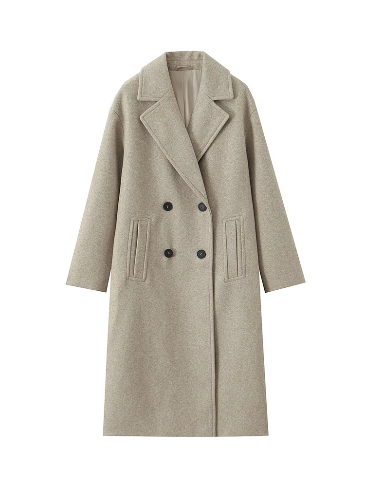 معطف صوف نسائي من TFMLN شتاء 2025 نمط جديد أنيق للركاب مزدوج الصدر معطف طويل فضفاض ناعم ودافئ ملابس للسيدات