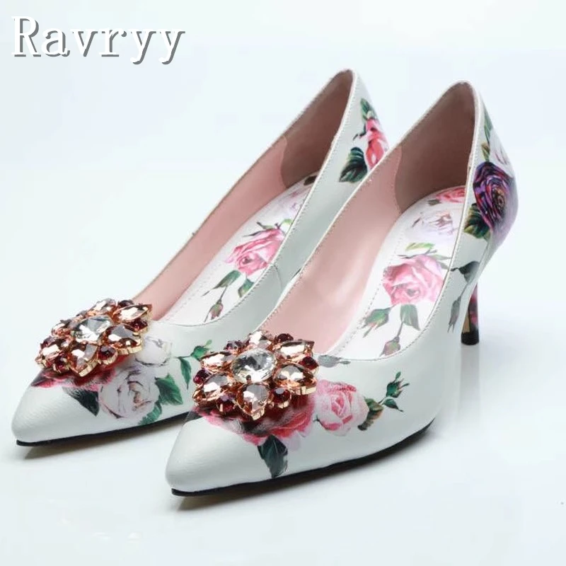 Women New Rose Printed Pumps Rhinestone Embellished Thin High Heels Slip On Single Shoes Ladies Party Wedding Stiletto Shoes