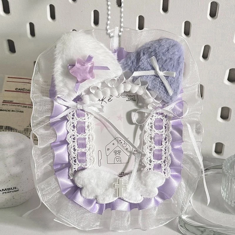 Handmade Fluffy Cat Ear Lace Bow PVC Photo Frame, 3 Inch Clear Slot Idol Trading Card Anime Photocard Instant Picture, Lolita Bag Ornament, Otaku Card Dustproof Protector, Kawaii Collectible Decor