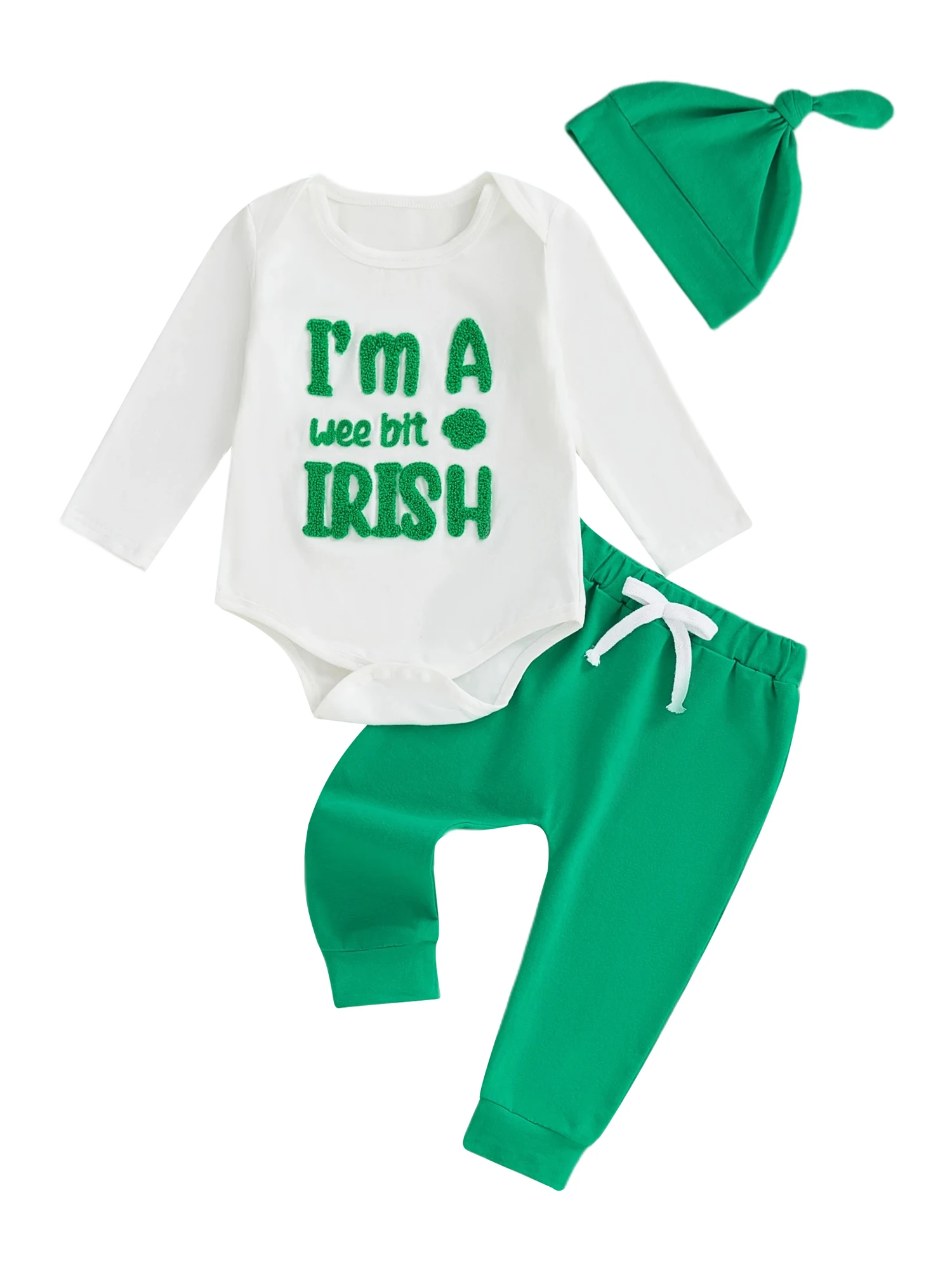 طقم ملابس للأطفال الأولاد مكون من 3 قطع مع بدلة قطعة واحدة بأكمام طويلة مطرزة من Lucky Clover وسروال أخضر وقبعة متنسيقة