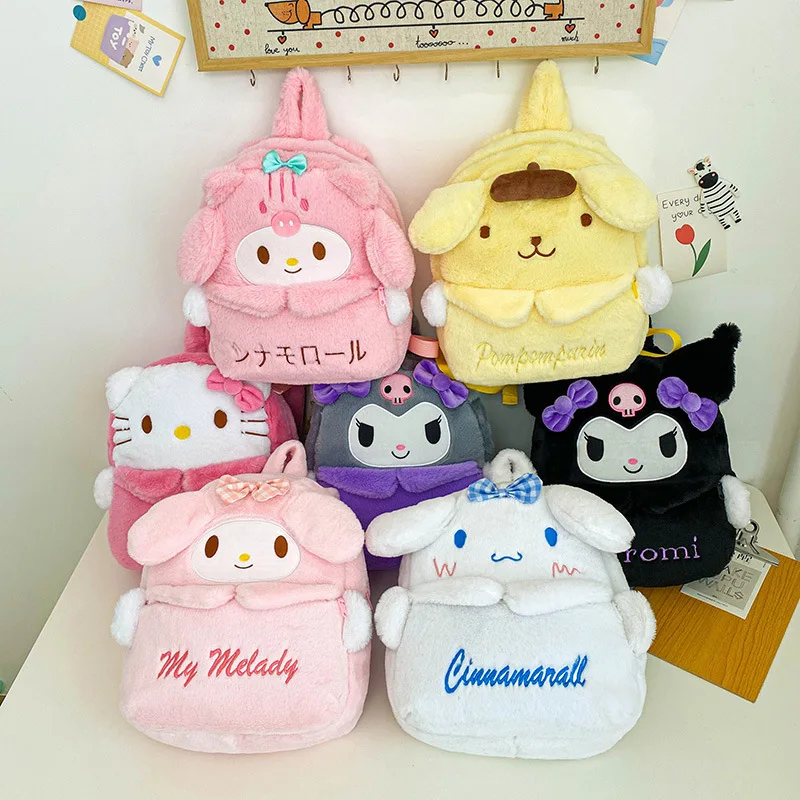 Mochila De felpa de Hello Kitty para niños, mochila escolar de dibujos animados, Linda melodía Kulomi Cinnamoroll, mochila con cremallera de felpa