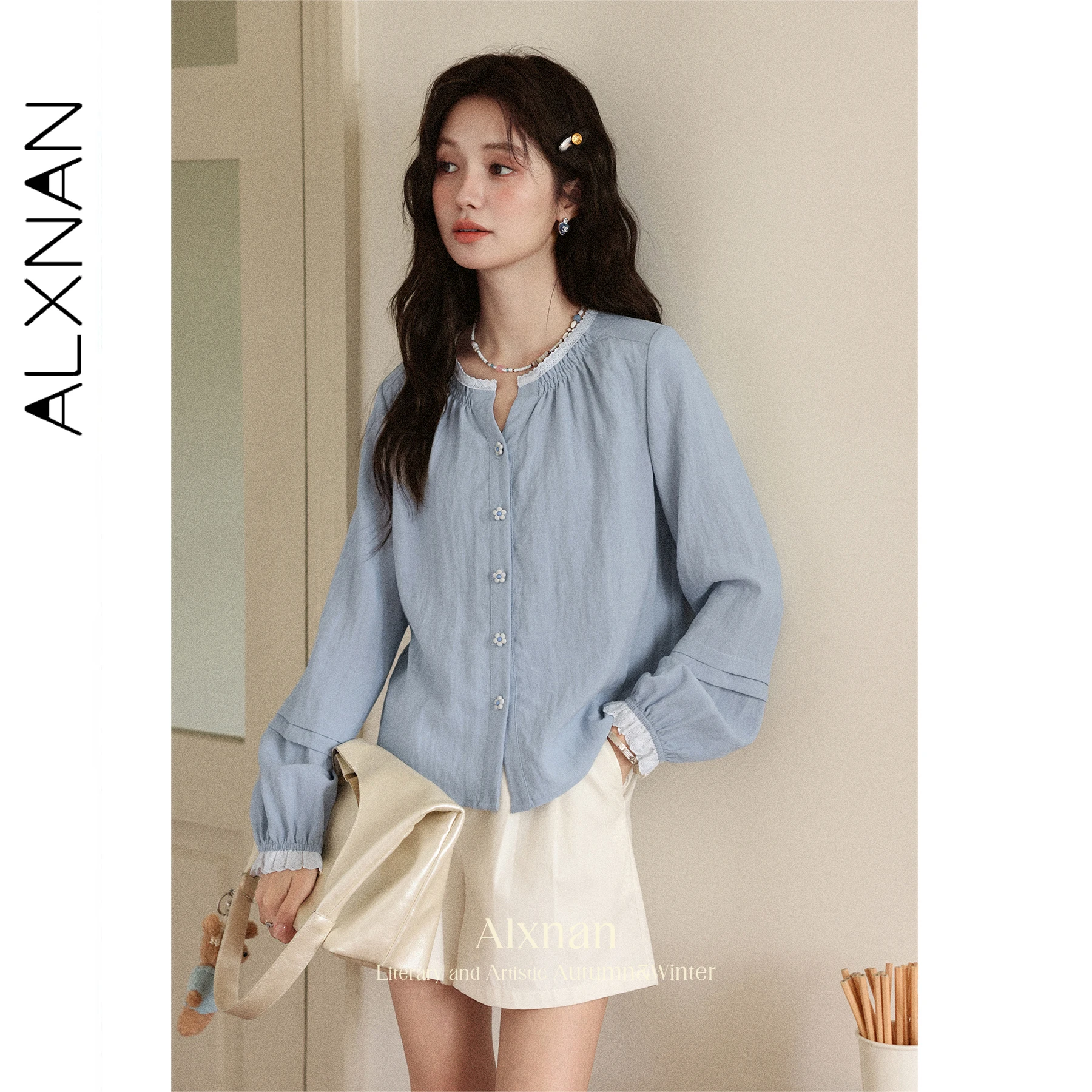 

ALXNAN Blue Shirt French Long Sleeve Chic Flower Buttons Blouses 2025 Autumn Casual O-neck Loose-fit Elegant Tops Female L56831
