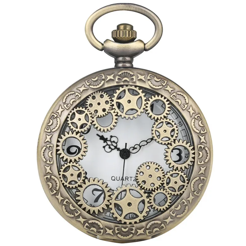 Bronze Hollow Out Gear Case Arabic Number Quartz Pocket Watch for Men Women To My Son Design Cover Gift To Kid Long Chain