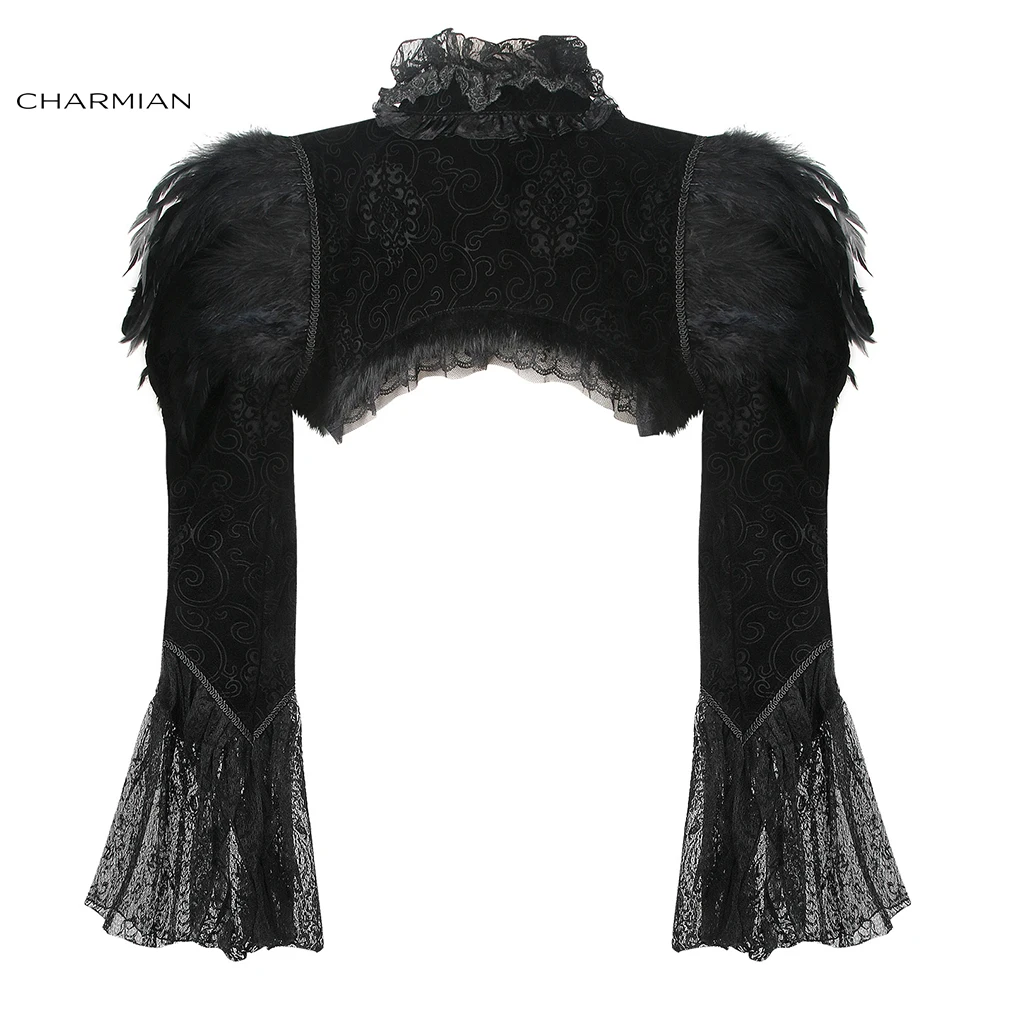 Charmian Punk Accessory Shrug Bolero Lace Victorian Gothic Shrug Top Women Cosplay Long Sleeves Feather Shawl Halloween Costumes