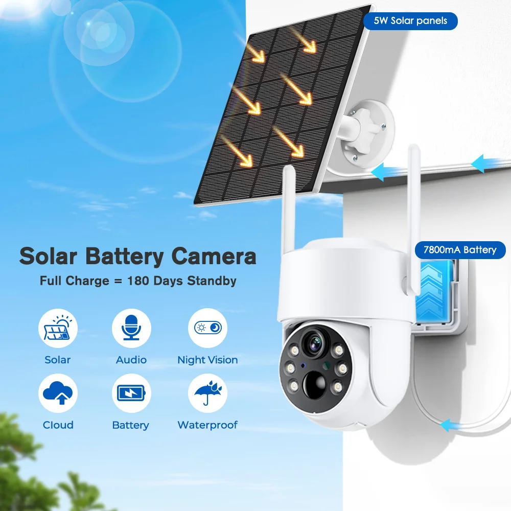 WiFi PTZ Camera Outdoor Wireless Solar IP Camera 4MP HD Built-in Battery Video Surveillance Camera Long Time Standby iCsee APP