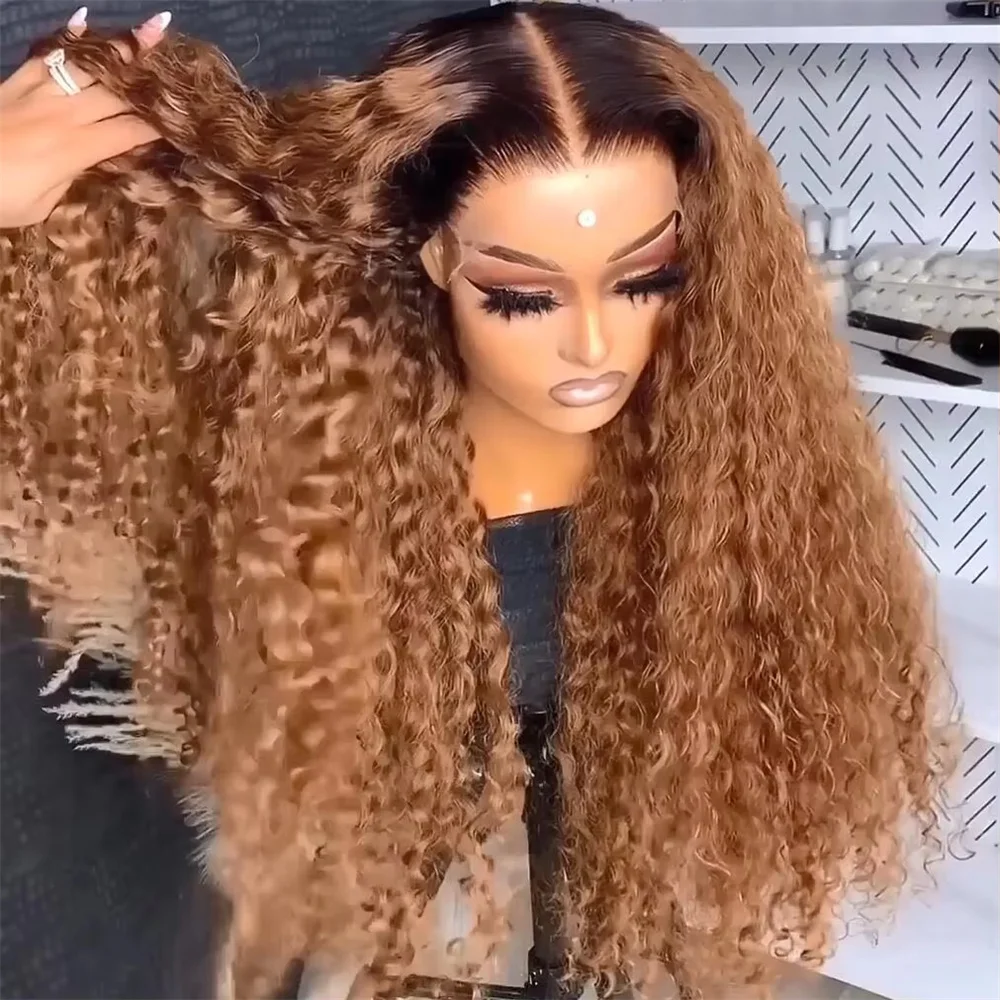 Soft Glueless Long Kinky Curly 180Density Ombre Brown 26inch Deep Lace Front Wig For Women With Baby Hair Preplucked Daily