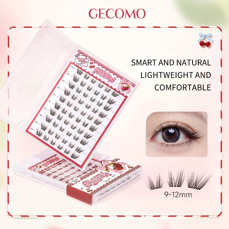 Cílios postiços GECOMO Little Cherry sem cola em marrom, com curva natural de bebê, aparência grossa e densa na câmera