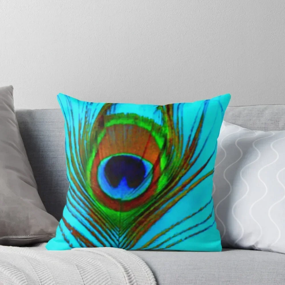

GREEN PEACOCK EYE FEATHER ON AQUA Throw Pillow Custom Cushion Sitting Cushion Decorative Sofa Cushions pillow
